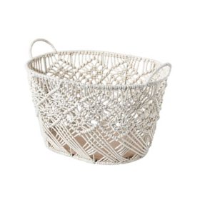 Macrame Oval Cotton Rope Storage Bins with Ear Handles and Wood Base, Set of 3