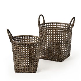 Baskets Open Crosshatch Weave Bamboo with Ear Handles, Set of 2