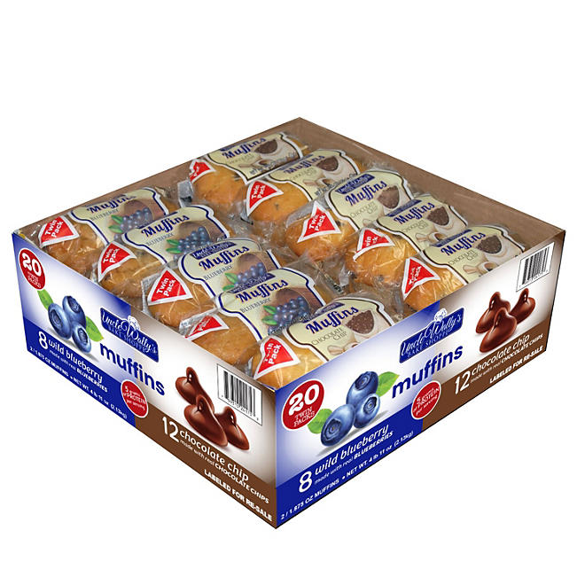 Uncle Wally's Assorted Twin Pack Muffins, Chocolate Chip and Blueberry 20 pk.