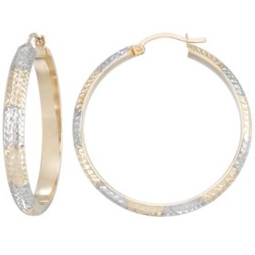 14K Two Tone Brilliant Diamond Cut 35mm Round Hoop Earrings 		