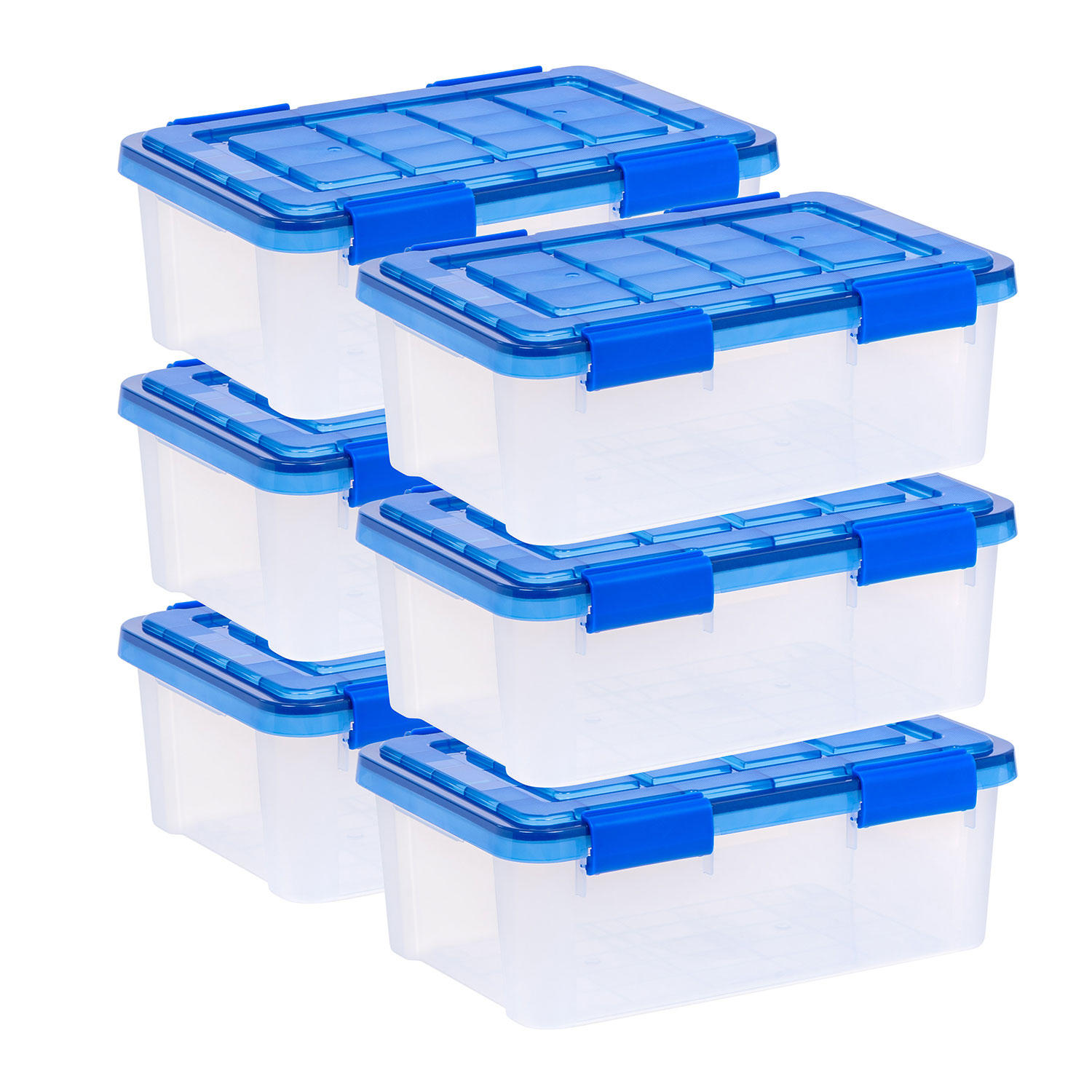 IRIS USA, 16 Quart WeatherPro™ Gasket Clear Plastic Storage Box with Lid, Blue, Set of 6
