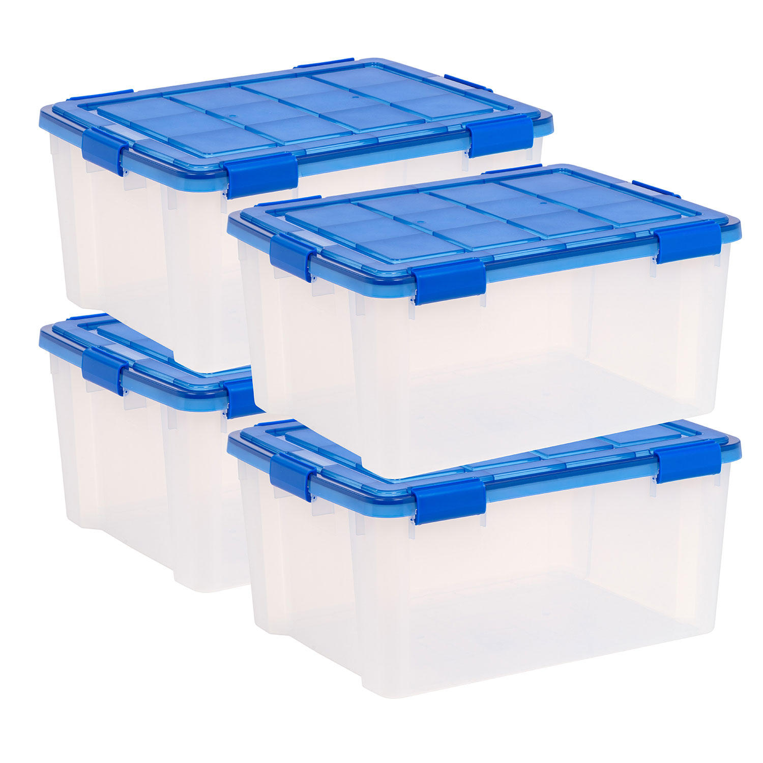 IRIS USA, 60 Quart WeatherPro™ Gasket Clear Plastic Storage Box with Lid, Blue, Set of 4