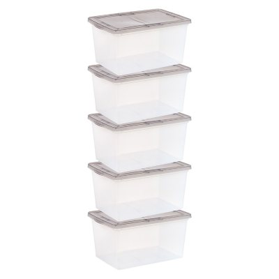 IRIS USA 58-Quart Snap Top Plastic Storage Box, Clear with Gray Lid, Set of 5