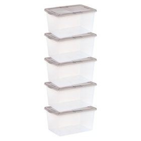 IRIS USA 58-Quart Snap Top Plastic Storage Box, Clear with Gray Lid, Set of 5