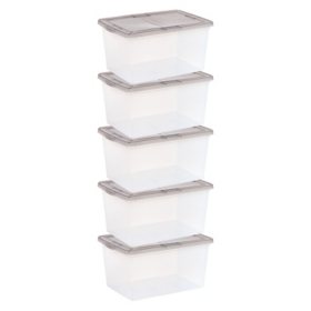IRIS USA 58-Quart Snap Top Plastic Storage Box, Clear with Gray Lid (Set of 5)