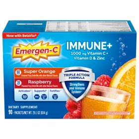 Emergen-C Dietary Supplement Drink Mix with Immune+ Triple Action Super Orange & Raspberry, 90 ct.