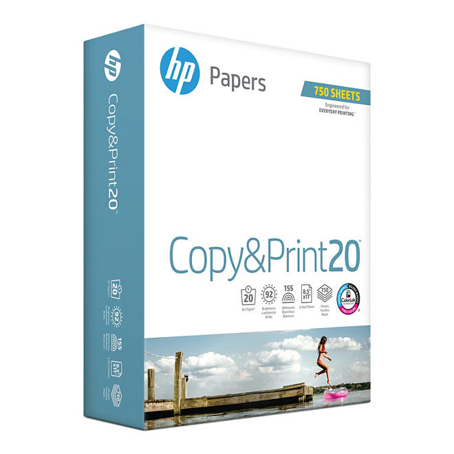 HP Copy and Print20, 20lb, 92 Bright, 8.5 x 11", 1 Ream of 750 Sheets 