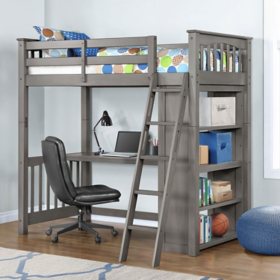 Maxson Twin Loft Bed With Desk And Bookshelf, Gray Finish