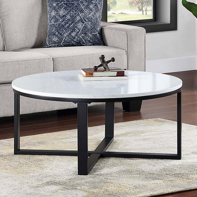 Adley Round Coffee Table with Faux Marble Top and Black Metal Base