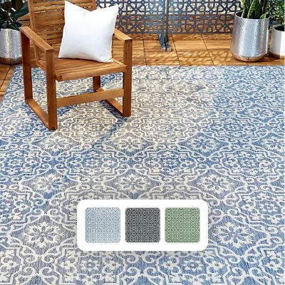 Nicole Miller New York Patio Country Geometric Indoor/Outdoor Area Rug:- 6'6' x 9'2', Navy Blue/Ivory