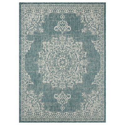 Nicole Miller New York Patio Country Azalea Transitional Medallion Indoor/Outdoor Area Rug - Blue/White 6'6'x9'2'