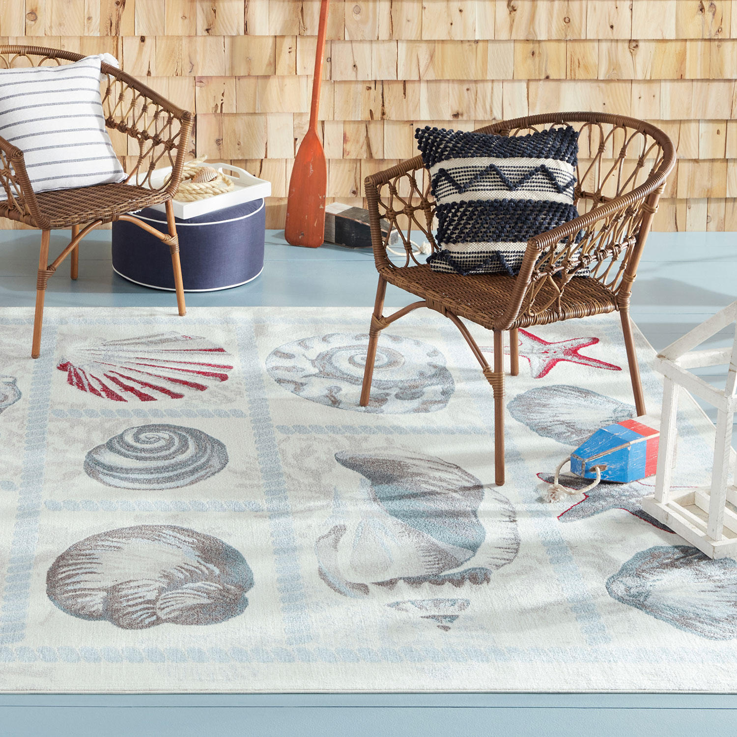 Home Dynamix Sea Shells Indoor/Outdoor Area Rug - Ivory and Blue 5'2'x7'2'