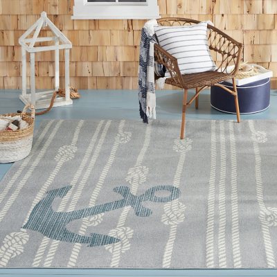 Outdoor Patio Rug Nautiacal Blue Anchor with Stripes Outdoor Rug