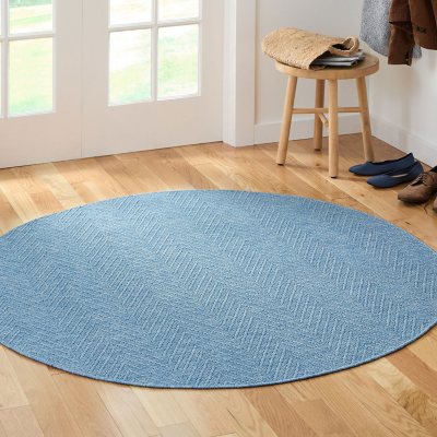 Town &amp; Country Basics Pax Herringbone Textured Machine Washable Area Rug:- 4'11'x4'11', Blue, Round