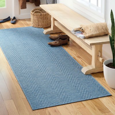 Town &amp; Country Basics Pax Herringbone Textured Machine Washable Area Rug:- 2'5'x10'2', Blue, Rectangle