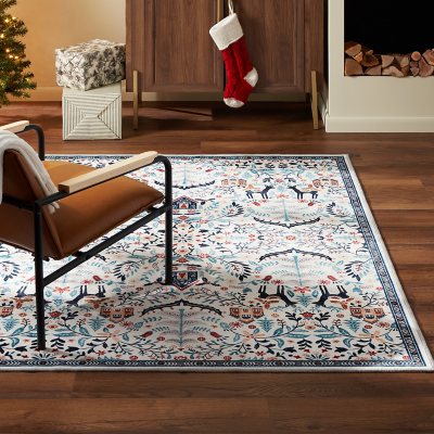 Frosty Bells Yale Haven Washable Recycled Holiday Area Rug:- Ivory / Ice Blue, 5'x7'
