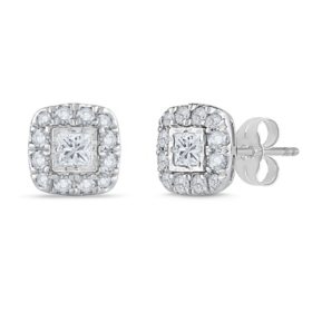 0.50 CT. T.W. Princess Cut Halo Diamond Stud Earrings in 14K Gold