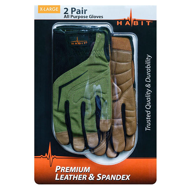 Habit® X-Large Leather and Spandex All Purpose Work Glove - 2 Pack