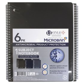U Style Microban Premium 1 Subject Notebook, College Rule, 6 Pk, 100 Sheet