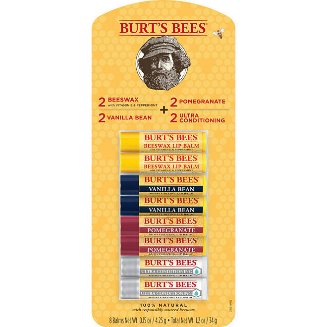 Burt's Bees 100% Natural Moisturizing Lip Balm, Original Beeswax, Vanilla Bean, Pomegranate & Ultra Conditioning (8 tubes)