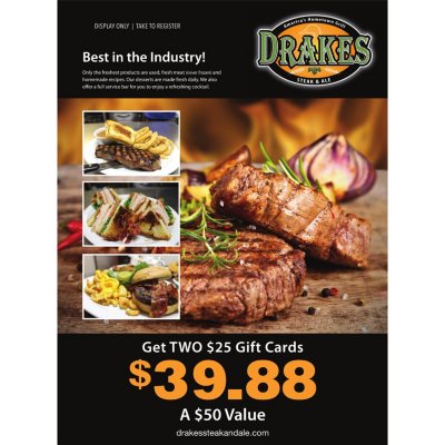 Drakes Steak & Ale - 2 x $25 Giftcards - Sam's Club