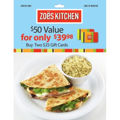 ZOES KITCHEN 2 X 25 GIFT CARDS Sam S Club   0079782268893 A