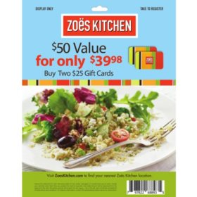Zoes Kitchen 50 Value Gift Cards 2 X 25 Sam S Club