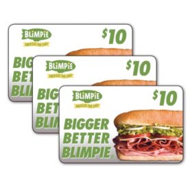 Blimpie Subs $30 Gift Card Multi-Pack, 3 x $10