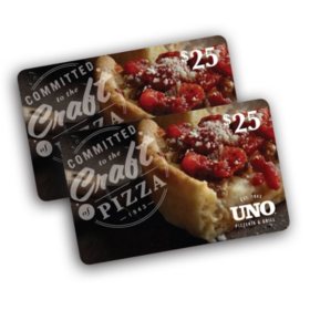 Uno Chicago Grill® $50 Multi-Pack :- 2/$25 Gift Cards for $39.98.