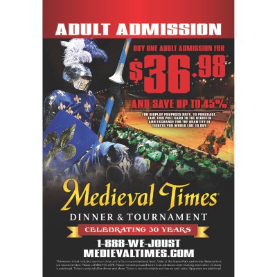 Medieval Times CA Castle 1 Adult Ticket 57 95 For 37 67 Sam S Club   0079936612844 A