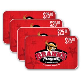 Brann's Steakhouse & Sports Grille $100 Gift Cards - 4 x $25