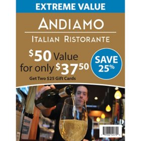 Andiamo Italian Restaurant $50 Value Gift Cards - 2 x $25