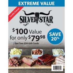 Silver Star Smokehouse $100 Value Gift Cards - 2 x $50