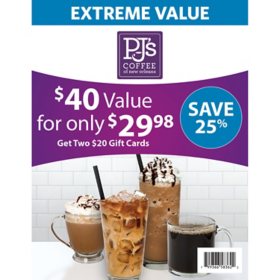 PJ's Coffee $40 Gift Card Multi-Pack, 2 x $20