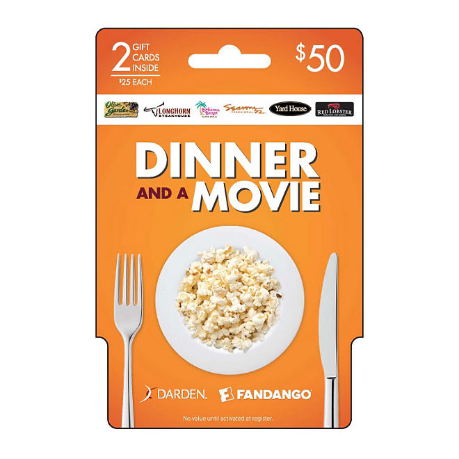 Darden and Fandango Dinner and a Movie $50 - 2/$25 Gift Cards