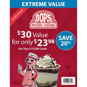 Bop's Frozen Custard $30 Value Gift Cards - 2 X $15
