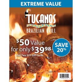 Tucanos Brazilian Grill $50 Value Gift Cards - 2 x $25