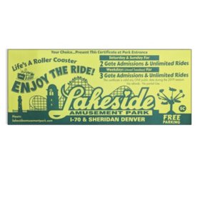 Lakeside Park Co $54 Value Certificate - Good for 3 Weekday Tickets or 2 Weekend Tickets