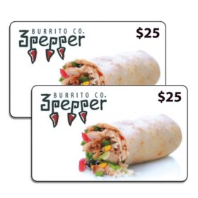 3 Pepper Burrito $50 Value Gift Cards - 2 x $25