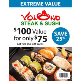 Volcano Steak and Sushi $100 Value Gift Cards - 2 x $50