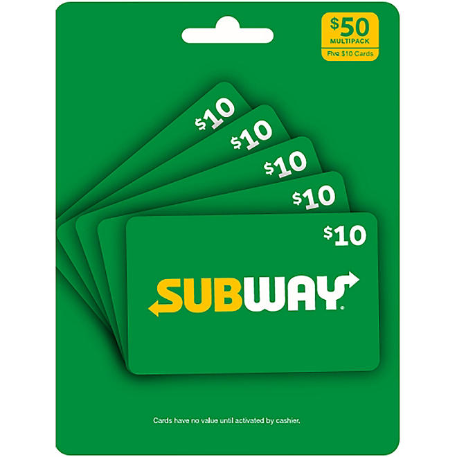 Subway $50 Value Gift Cards - 5 X $10