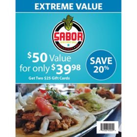 Sabor Latin Street Grill $50 Value Gift Cards - 2 x $25