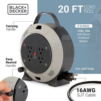 BLACK+DECKER Retractable Extension Cord - 20' with 4 Outlets, 16AWG SJT  Cable - Sam's Club