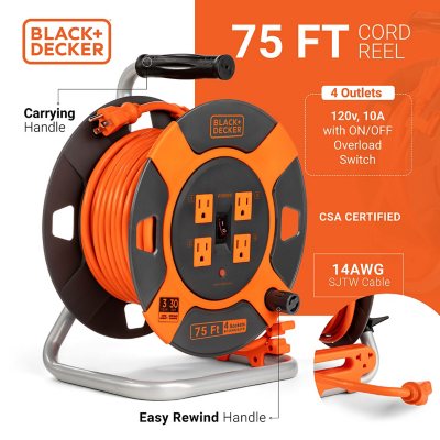 BLACK+DECKER Retractable Extension Cord - 75' with, 4 Outlets, 14AWG SJTW  Cable - Sam's Club
