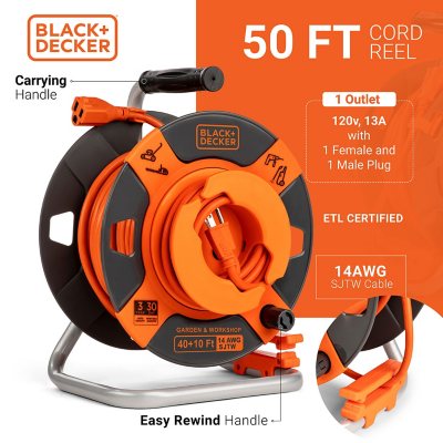 BLACK+DECKER Reverse Cord Reel - 50' 14AWG SJTW for Electric Tools