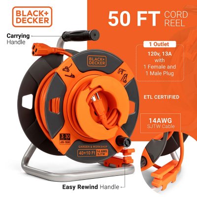 BLACK+DECKER Reverse Cord Reel - 50' 14AWG SJTW for Electric