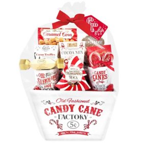 Candy Cane Factory Crate Gift Basket with Two Holiday Mugs and Gourmet Snacks (10.92 oz.)