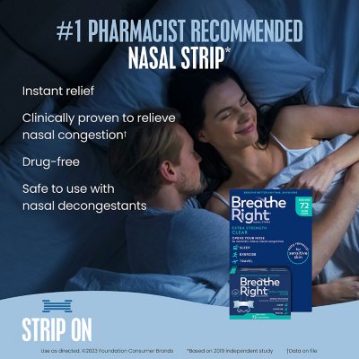 Breathe Right Nasal Strips - Clear - For Sensitive Skin - Sm / Med Clear  Strips - 30 Count Strips Per Box - Pack of 3