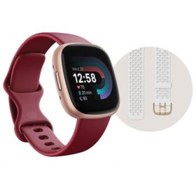 Fitbit Versa 4 Fitness Smartwatch Bundle Beet Juice/Copper Rose, One Size - Small Bonus Band Included 		