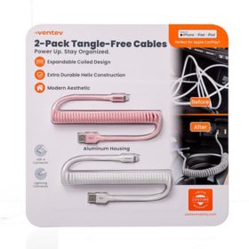 Ventev Chargesync MFI Certified Apple Lightning Helix Cable 2 Pack (Pink and White)